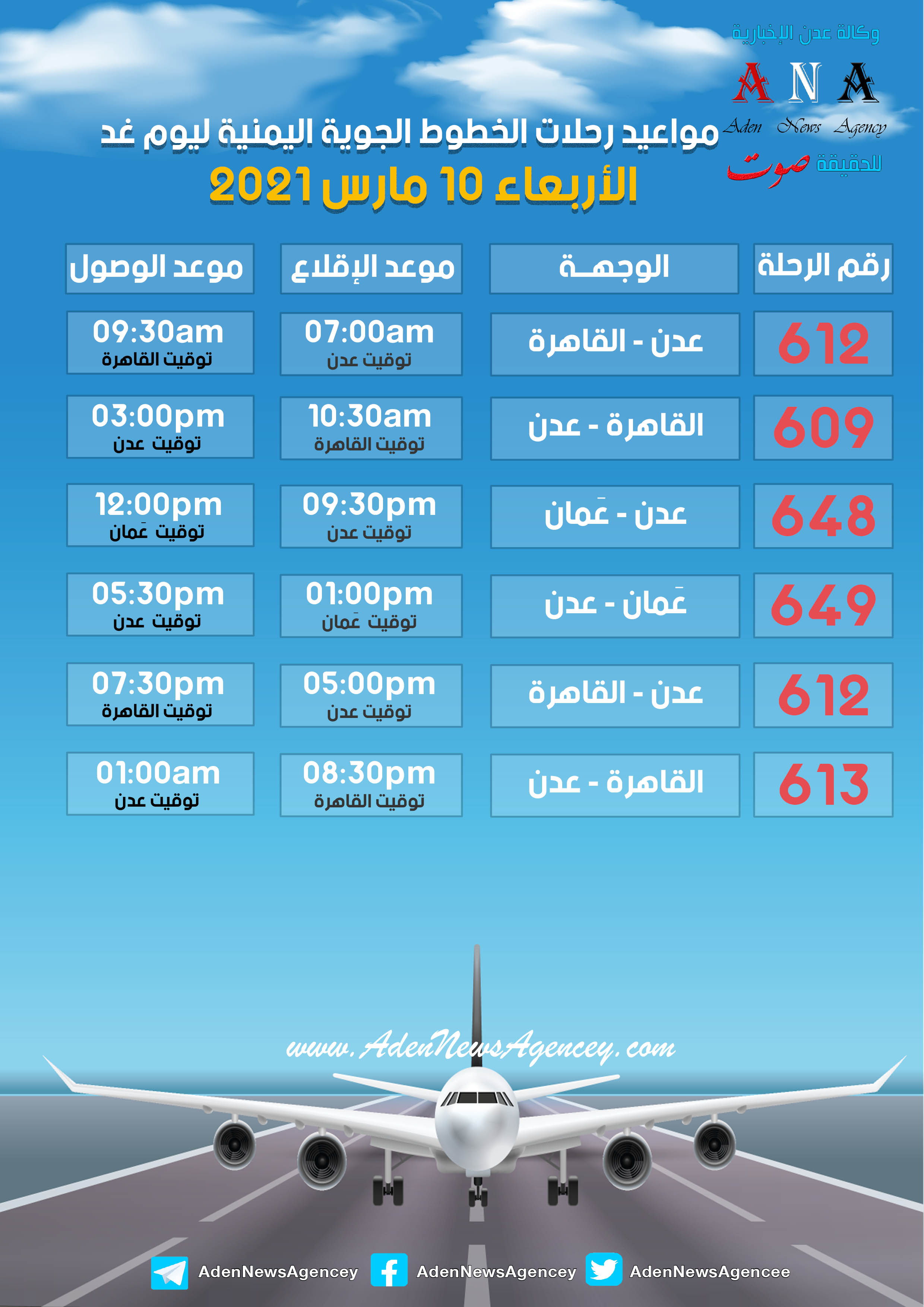 مواعيد رحلات الخطوط الجوية اليمنية ليوم غدا الأربعاء